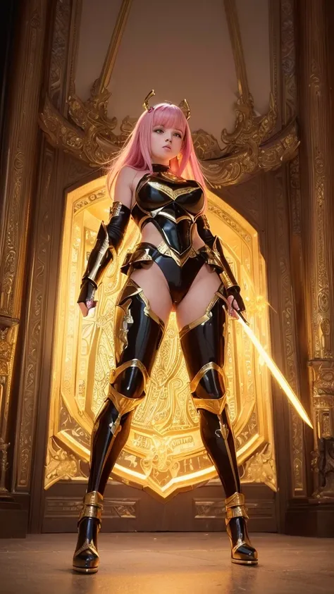 ((best quality)), ((masterpiece)), (ultra detailed lights), ((full body shot)), Award-winning photograph, ((epic details)), teen goddess with pink curvy hair in ((full body golden black armor)) are in the middle of battlefield, neon color magic and sorceri...