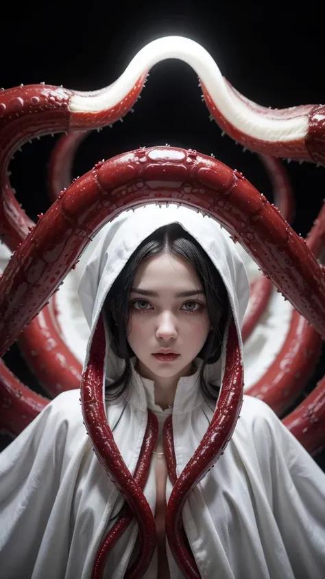 Woman with black hair and light eyes wearing white clothes and red details with tentacles around her face in a mystical setting 