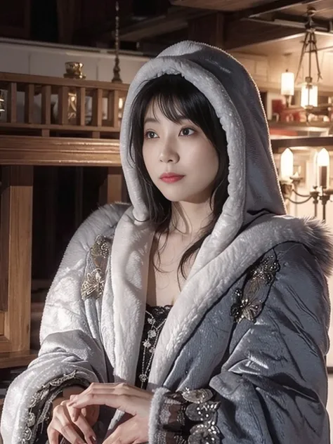 fluffyの毛皮。fluffy。Wedding dressを着た女性たちの写真。Wedding dress、Grey fur cape。Surrounded by fair-skinned adult women。Women wearing fur dresses and veils covering their faces are lined up。Beautiful women in luxurious furs。The dark dungeon of an old stone castle。Fish...