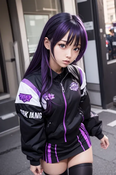 Black gang uniform, purple and white with features from the anime Tokyo Revengers 