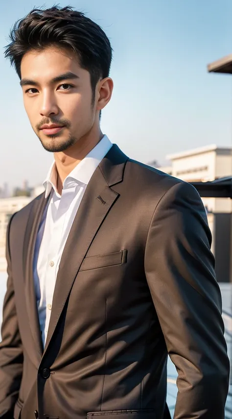 (realistically, Masterpiece, High resolution 8K, good light quality, Portrait, closed on face, complicated details), Handsome Korean Uncle, Beard，Age 40, Staring at desire, detailed face, Detailed eyes, look at the sky, shirt, suit lac suit，tick,黑Eyes, (Pa...