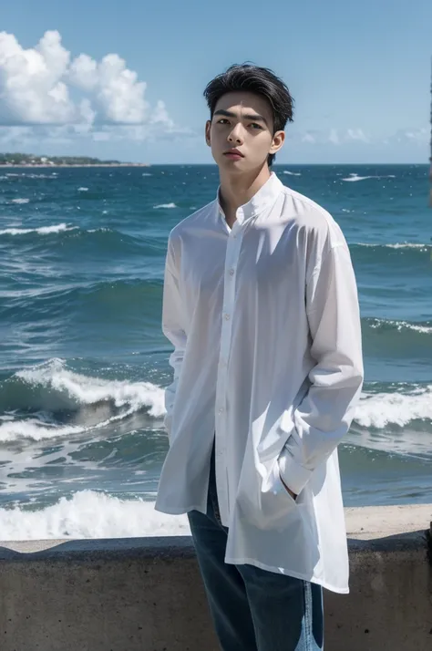 A young man in a shirt stood by the sea with a serious expression., looking into the distance，Eyebrows frowned.，He looked worried.，Turn your head slightly.，Cloudy day