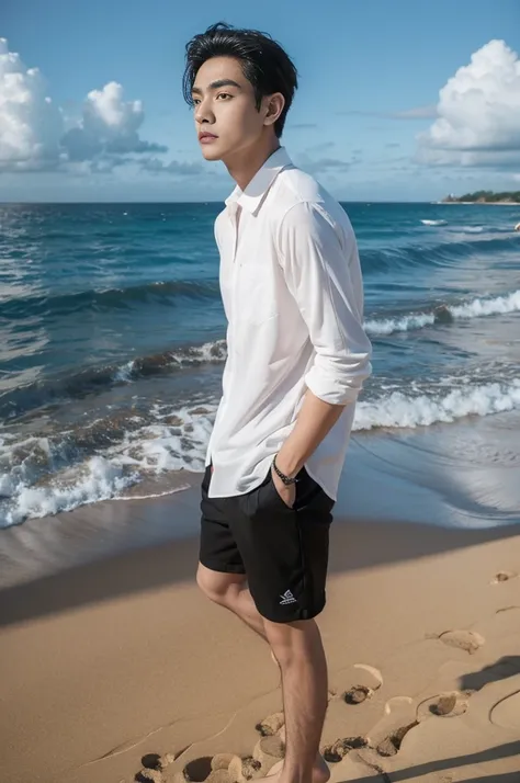 A young man in a shirt stood by the sea with a serious expression., looking into the distance，Eyebrows frowned.，He looked worried.，Turn your head slightly.，Cloudy day