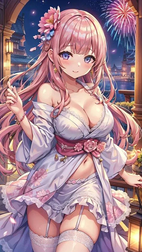 Masterpiece、Highest quality、Super detailed、1 girl、Light pink hair、Fluffy and soft long hair、Starry eyes、Big Tits、Cleavage、Too big breasts、yukata、Wide open chest、firework、Night Sky、smile、Lace cape、Earrings、garter belt、Belly button