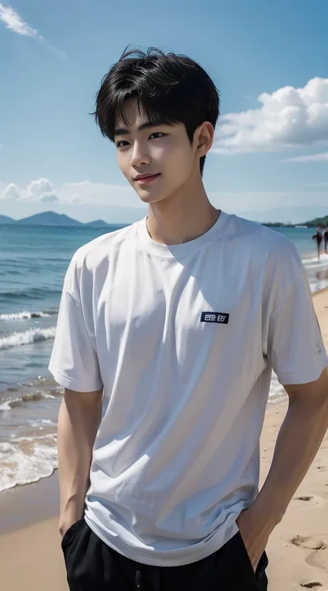 (As a matter of fact, Masterpiece, 8k HD, good light quality, sportswear, fit the face, complicated details), Handsome Korean young man, 20 years old, be happy, smile brightly, detailed face, delicate eyes, มองดูsky, Wear casual clothes, period, black eyes...