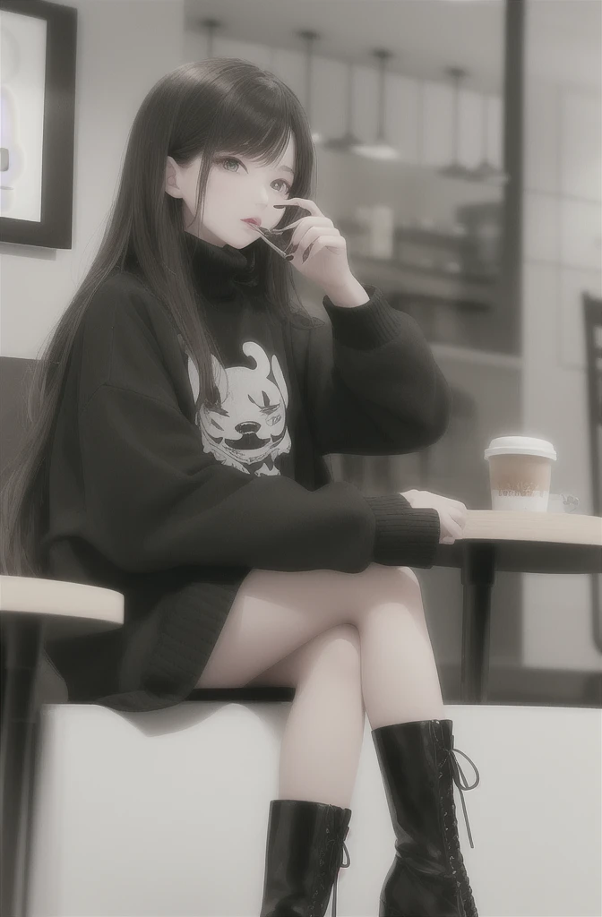 The picture shows a long-haired beauty sitting in a cafe。She was wearing a black coat，Wear a white turtleneck sweater and a black skirt，On the feet is a pair of black boots。Her hair is brown，Slightly curled and hanging on the shoulders。Her makeup is delica...