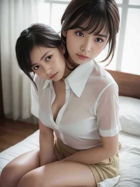 (beautiful),(12 years old:1.3),(痛みにEndure:1.5),(In 8K),Japanese beautiful girl,Small breasts、Photorealistic,Ultra-high resolution,Highest quality,Natural light,(Ray Tracing:1.2),  A white collared blouse that exposes a lot of skin，Bondage with rope，Both ha...