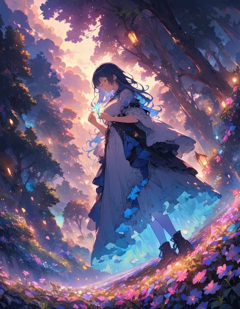 Blue sky, white clouds floating in the distance, a  standing on a flower sea, holding a fairy wand in her hand to summon flying fireflies around her. The background is full of large and small cloud flowers, creating an atmosphere of fantasy and dreamy blue...