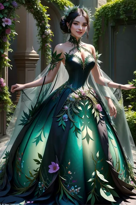 ((Masterpiece, best quality,edgQuality)),smiling,excited,arms along body,
edgFD, a dress made out of flowers and leaves ,woman wearing edgFD,fantasy_dress
 