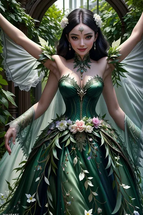 ((Masterpiece, best quality,edgQuality)),smiling,excited,arms along body,
edgFD, a dress made out of flowers and leaves ,woman wearing edgFD,fantasy_dress
 