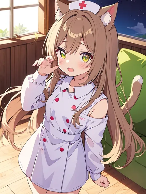 An anime girl with cat ears and a cat tail, dressed as a nurse. She has long, straight light brown hair that falls softly over her shoulders.. His eyes are large and emerald in color., full of sweetness and empathy. Las orejas de gato son esponjosas y the ...