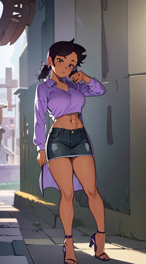 Luz Noceda, massive breasts, cleavage, ((purple and white small shirt and a black stripped miniskirt)), high quality fanart, open legs Style, official fanart, , official art, (nsfw), barefoot, ((stiletto high heels))