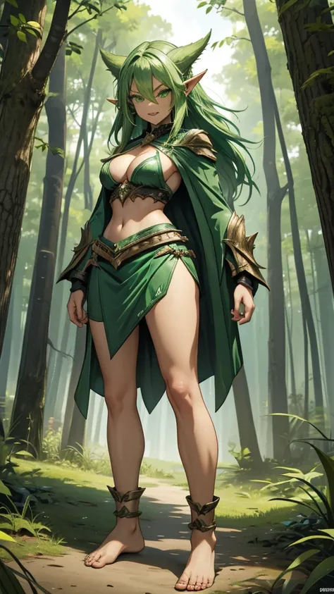 Green hair, green skinned, Pointed ears,，Fangs， Flat-chested woman，animal skin top，cleavage，animal skin skirt，orc，Bare Legs，barefoot，Standing，forest