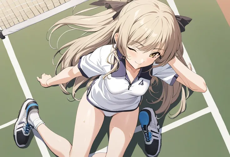 One girl,((Kaoru)),smile、Gentle expression,slender body,ideal ratio body proportions,,Lying down、,spread legs:1.3,training、blush,,(White tennis wear、body-conscious、white tight polo shirt、white tight exy string panties,panty shot,upskirt,sweat:1.3),outdoors...