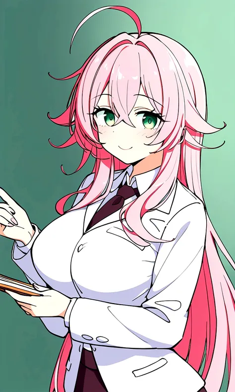 private teacher、Big Breasts、Pink Hair、Long Hair、Straight Hair、Ahoge、kind、Green Eyes、Droopy eyes