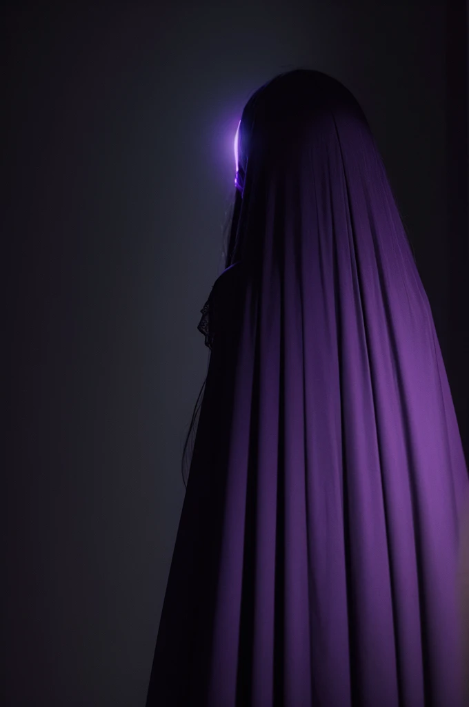 A shadowy person in the dark with purple details without showing their face