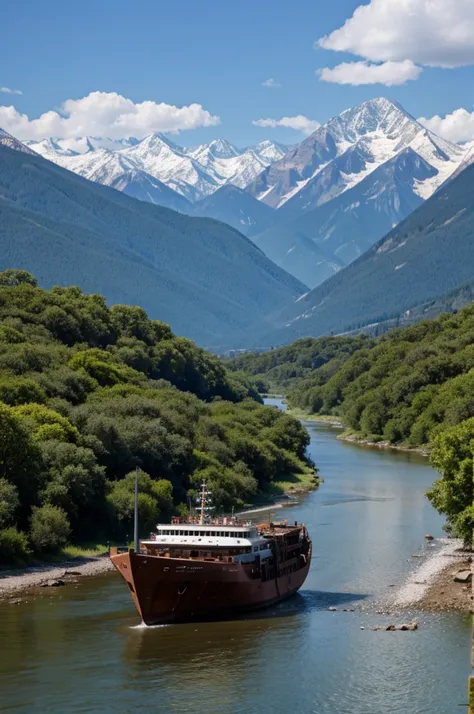 abandoned vessel in a river with a mountains in the background 