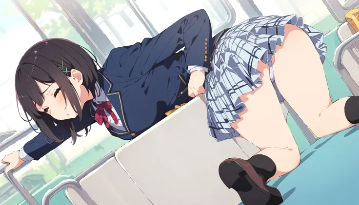 A middle-aged man with black bob hair and a blazer uniform is crouching down and holding onto the handrail of a train.、Smelling the ass of a girl in a navy blue checked skirt