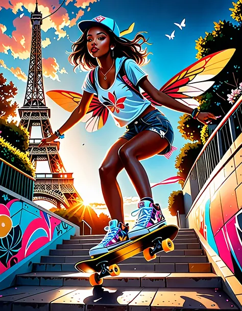 digital illustration inspired by the style of Rossdraws, a woman on a skateboard leaps down a staircase with a pose that captures the feeling of adrenaline in the air, highlighting her beautiful detailed eyes and lips, and her medium brown skin tone. On he...