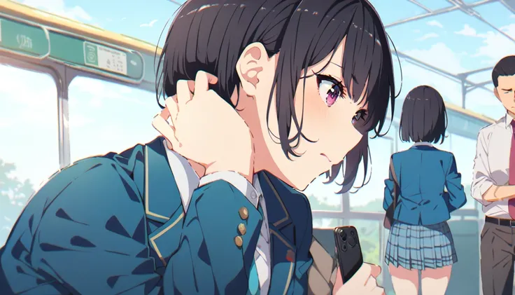 A middle-aged man with black bob hair and a blazer and uniform is standing holding onto the handrail of a train、Smelling the ass of a girl in a navy blue checked skirt