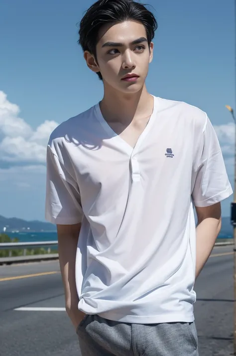 A young man in a shirt stood on the side of the road with a serious expression., looking into the distance，Eyebrows frowned.，He looked worried.，Turn your head slightly.，Cloudy day