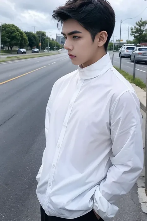 A young man in a shirt stood on the side of the road with a serious expression., looking into the distance，Eyebrows frowned.，He looked worried.，Turn your head slightly.，Cloudy day