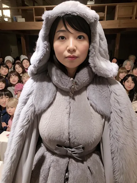 fluffyの毛皮。fluffy。Wedding dressを着た女性たちの写真。Wedding dress、Grey fur cape。Surrounded by fair-skinned adult women。。The dark dungeon of an old stone castle。Fisheye Lens。Multiple women。