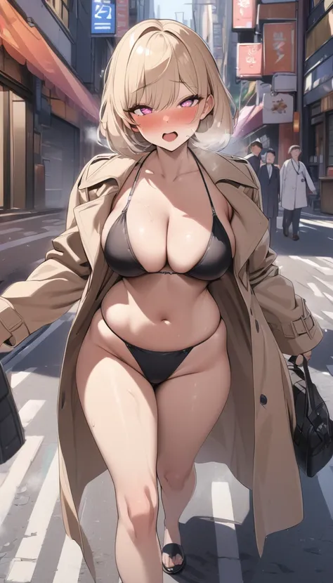 A short-haired girl in a black bikini, Wearing a black half-removed Trench Coat, Walking on the street, heart in eye, full blush, open mouth, heavy breathing, UHD, anatomically correct, textured skin, masterpiece, highres, 16k, 1080P