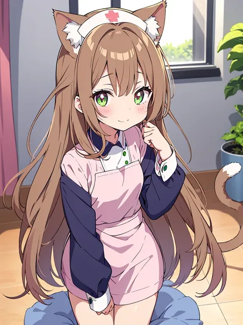 an anime girl with cat ears and a cat tail, dressed as a nurse. she has long, straight light brown hair that falls softly over h...