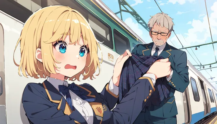 A middle-aged man is standing on a train, looking down and blushing, and is lifting the skirt of a girl with bob hair, a blazer uniform and a navy blue checked skirt.、whole body