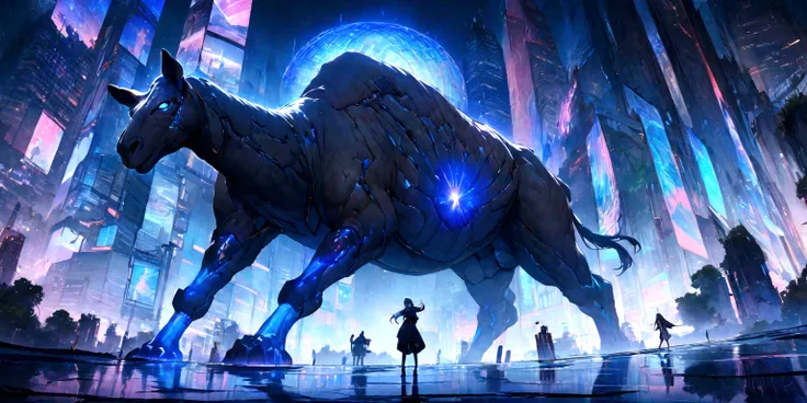 ((masterpiece, Highest quality, Best image quality, High resolution)) Giant Camelの悪魔、Giant Camel、One woman、Glowing blue eyes and advanced cybernetic enhancements. Seen in dynamic action poses, reflection on a smooth surface. The cityscape below is filled w...