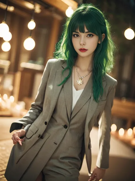 russian girl, fullbody, necklace, jewelry, green hair, red eyeliner, brown eyes, bangs, sexy pose, best quality, masterpiece, wearing suit, an extremely delicate and beautiful, CG, unity, 8k wallpaper, Amazing, finely detail, masterpiece, official art, ext...