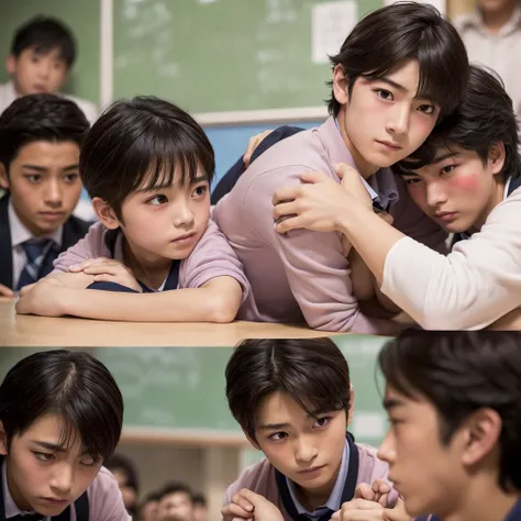 Masculine, Handsome 15 year old Japanese male with a cute round face, sexy, Jersey, ((The man is blushing and resisting)), (((Crowded classrooms))), (((A man, blushing and resisting, reaches his hands into another man&#39;s trousers from behind and touches...