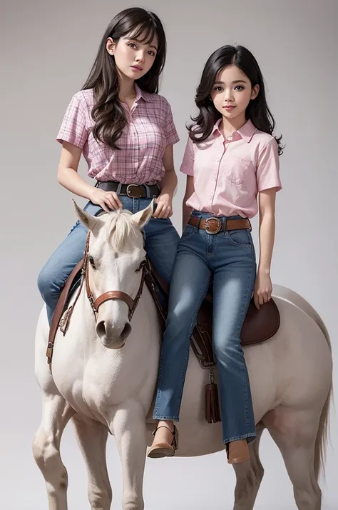 2 Baby drawings with white background , skin fair, curly dark hair, wearing blue jeans with a buckle belt, pink plaid shirt, chapeu de cowboy rosa, bota cowntry rosa,  1 standing in front and 1 riding a horse