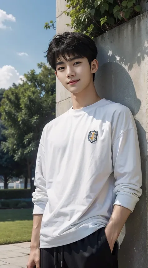 (As a matter of fact, Masterpiece, 8k HD, good light quality, sportswear, fit the face, complicated details), Handsome Korean young man, 20 years old, be happy, smile brightly, detailed face, delicate eyes, มองดูsky, Wear casual clothes, period, black eyes...