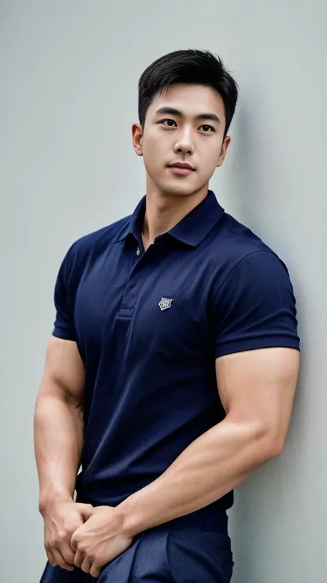 a male police officer in his 20s poses for a group photo....., wear a navy blue polo shirt......................., high resoluti...