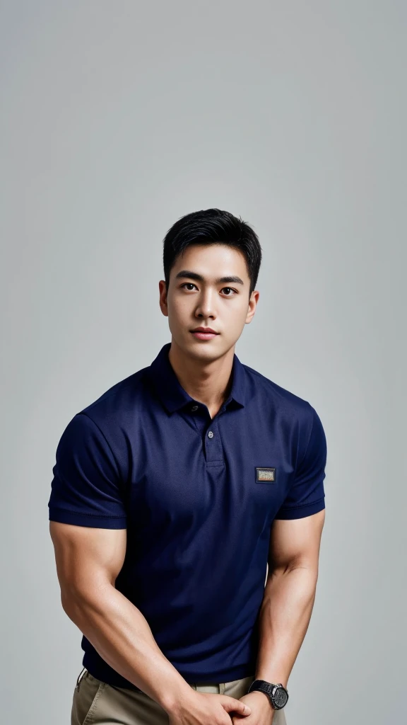 a male police officer in his 20s poses for a group photo....., wear a navy blue polo shirt......................., high resoluti...