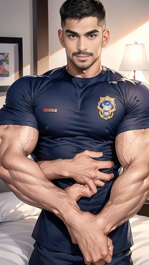 (handsome Man),(Thin mustache:1.1),(crew cut short hair:1.5),black eye,
(navy blue tight-fitting round neck short sleeve T-shirt:1.3),(Police badge:1.3),navy blue cargo pants,(navy_gloves:1,3),
Korean guy,chest muscles,large arm muscles,blood vessel,Big mu...