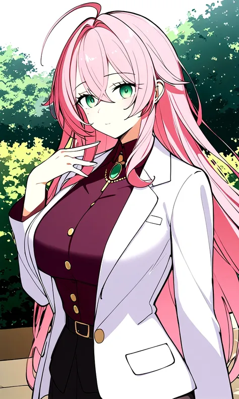 private teacher、Big Breasts、Pink Hair、Long Hair、Straight Hair、Ahoge、kind、Green Eyes、Droopy eyes