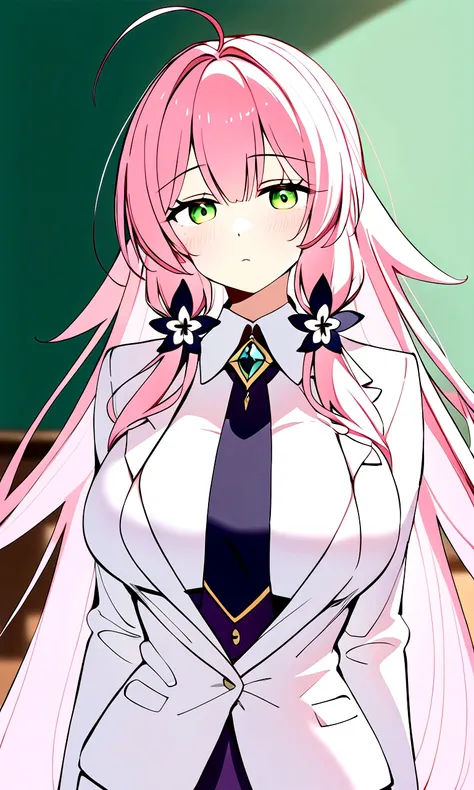 private teacher、Big Breasts、Pink Hair、Long Hair、Straight Hair、Ahoge、kind、Green Eyes、Droopy eyes