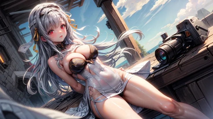 ((((Obra maestra, La mejor calidad, ultrahigh resolution)))), 1girl, standing, (cute maid costume), ((long pure silver hair and grey mesh hair, hair over eye)), long hair cut, pale skin, ((red eyes)), glowing_eyes, neon eyes, (ultra detailed eyes:0.7, beau...