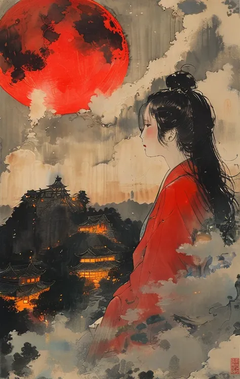 On a bright red campus"YES"Character、masterpiece, best quality, night, hill, clouds, full moon, long hair, woman, silhouette, fireflies