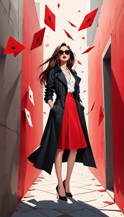 (((Cards floating in the air，)))，Simple vector illustration，Beautiful girl standing against the wall，Delicate red lips，unique，confidence，Long straight hair，sunglasses，Exaggerated earrings，unique，Staring at the audience），（(Black deep V trench coat：1.37，Red ...