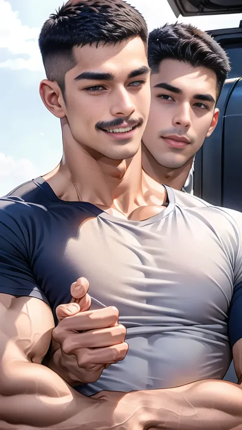 (handsome Man),(Thin mustache:1.1),(crew cut short hair:1.5),black eye,
(navy blue tight-fitting round neck short sleeve T-shirt:1.3),(Police badge:1.3),navy blue cargo pants,(navy_gloves:1,3),
Korean guy,chest muscles,large arm muscles,blood vessel,Big mu...