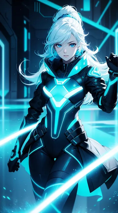 Tron Legacy, Effet de costume fluo, Une belle fille avec, HD Portrait, (High quality) (ultra details) Regarder le spectateur en tenue de ville de style hip-hop; different, colourfull, very white hair