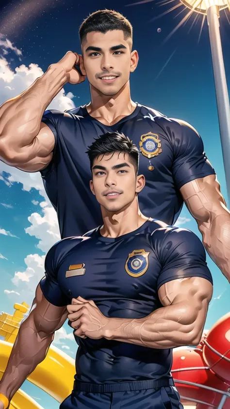 (handsome Man),(Thin mustache:1.1),(crew cut short hair:1.5),black eye,
(navy blue tight-fitting round neck short sleeve T-shirt:1.3),(Police badge:1.3),navy blue cargo pants,(navy_gloves:1,3),
Korean guy,chest muscles,large arm muscles,blood vessel,Big mu...