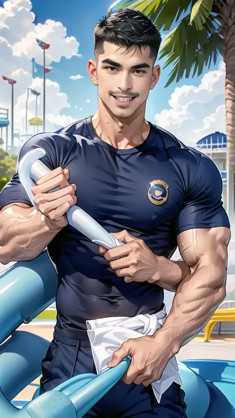 (handsome Man),(Thin mustache:1.1),(crew cut short hair:1.5),black eye,
(navy blue tight-fitting round neck short sleeve T-shirt:1.3),(Police badge:1.3),navy blue cargo pants,(navy_gloves:1,3),
Korean guy,chest muscles,large arm muscles,blood vessel,Big mu...