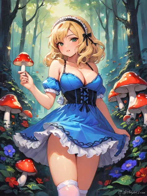 a beautiful 20 year old blonde woman with big messy hair in a blue dress, white stockings, black headband, cleavage, holding a glowing mushroom, fantasy art style, rossdraws cartoon vibrant, alice x. zhang, alice in wonderland cyberpunk, cute detailed digi...