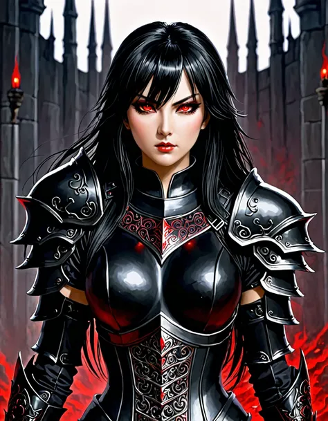 She wears a black armor has black hair red eyes picture large she looks very evil 