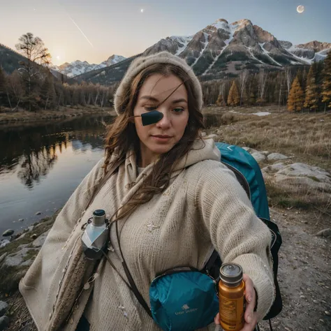 Artemis Wolfe ((upper body selfie, happy)), male,  masterpiece, best quality, ultra-detailed, solo, outdoors, (night), mountains, nature, (stars, moon) cheerful, happy, backpack, sleeping bag, camping stove, water bottle, mountain boots, gloves, sweater, h...